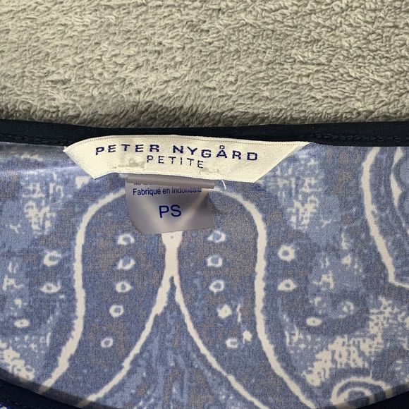 Peter Nygard Tunic Top Jeweled Blue White Damask 3/4 Sleeve Size PS - Picture 2 of 9